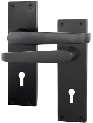 EAI Black Door Handles Sash Lock, 1 Pair on Backplate | 1 Pair of Lever on Backplate Internal Door Handles for Key Lock, Fixings Included