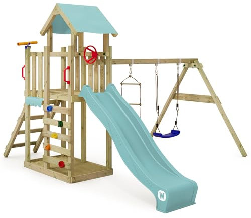 Wickey Spielturm Klettergerüst MultiFlyer Light, Schaukel & pastellblauer Rutsche, Outdoor Kinder Kletterturm mit Sandkasten, Leiter & Spiel-Zubehör für den Garten