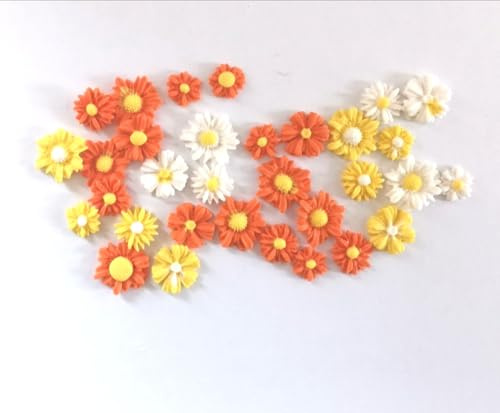 Edible Fondant Flower Cake Decorations, 12 Pieces, Orange Yellow White, Vegan - Easter, birthday, baby shower, wedding and more!