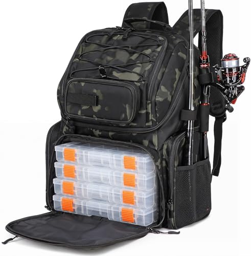 HAMBOLY Fishing Backpack with Tackle Boxes, 50L Fishing Tackle Bag with Cooler & Rod Holders, Waterproof Tackle Bag for Men