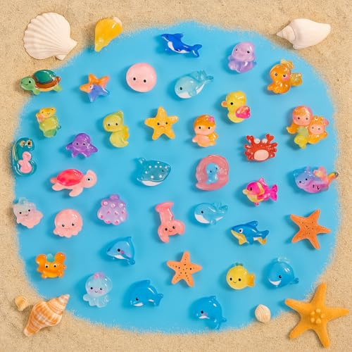 Valicaer 100Pcs Mini Sea Animals, Tiny Resin Ocean Figurines for DIY Fish Tank,Glows in the Dark Marine Plastic Aquarium Ornaments Fairy Garden Decor Potted Micro Dollhouse