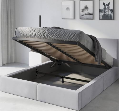 Interbeds Polsterbett 140x200 cm Bett Doppelbett mit Stauraum mit Lattenrost Bettkasten Boxspringbett hydrophob gepolsterter Bettrahmen (Hellgrau, 140x200cm)