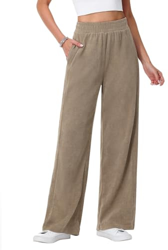 HMIYA Cordhose Damen Weites Bein Elegant Freizeithose Baumwolle Elastische Stoffhose Hohe Taille Palazzohose mit Taschen,Beige,M