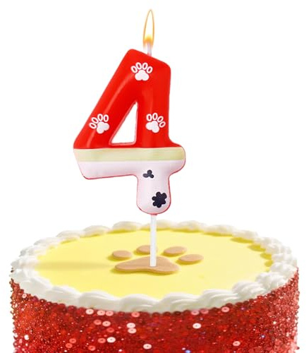 Koboko Hund Kerze 4 Geburtstag Mädchen Junge, Kerzen Geburtstag 4 Jahre mit Hundepfoten-Motiv, Hund Geburtstagskerzen Zahlen 4, Zahlen Kerzen 4 Tortendeko Geburtstage, Kerze Zahlen 4 Rot Kinder Party