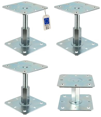 4 embases pied de poteau réglables - Platine 130x130mm - M20 - Acier galvanisé à chaud - Ht100 à 150 mm - Fabrication Européenne