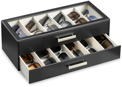 ProCase 12 Slots Sunglasses Organizer, 2-Layer Eyeglass Holder with Clear Glass Lid, PU Leather Glasses Storage Display Case for Men Women -Black