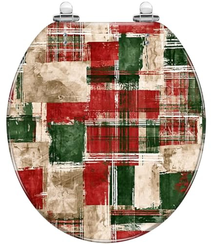 Round Toilet Seat Vintage Red Green Plaid Abstract Distressed Resin Toilet lid with Quietly Close Quick Release Hinges Decorative Seat with Cover Easy to Clean and Install