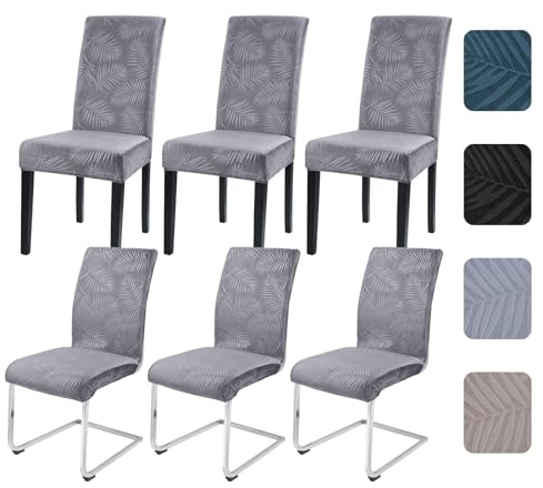 Alishomtll Dining Chair Covers Set of 6 Stretch Leaf Chair Covers for Dining Chairs Elastic Removable Chair Slipcovers Reusable Washable Chair Protector for Kitchen Hotel Banquet (Light Grey, 6 pcs)