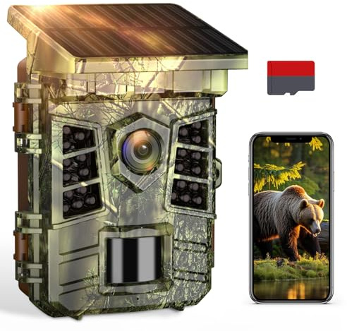 Virotroop Fototrappola Solare 4K 60MP, Fototrappola WiFi Bluetooth con APP, Batteria Ricaricabile da 2600mAh Integrata IP66 Fotocamera con SD 32GB per sorveglianza della fauna selvatica