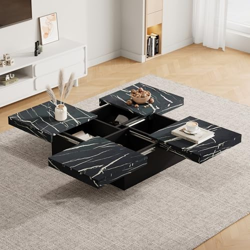 HMHKHN Tavolino quadrato in marmo, tavolino da caffè, tavolino da caffè con quattro cassetti, tavolo scorrevole, portata fino a 30 kg, 90 x 90 x 25 cm (nero)