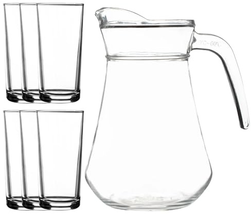 Glass Jug and 6 Tumblers Set, 1.3L Pitcher with 300ml Hiball Glasses, Dishwasher Safe, 7 Piece Drinkware Set
