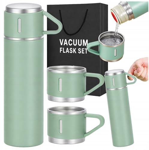 Termo con 3 Vasos de Acero Inoxidable, Idea de Regalo Original para Hombre y Mujer, Botella Térmica para Café y Té, Termo de Viaje Portátil 400 ml. Verde
