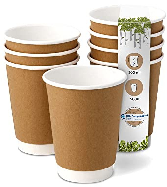 BIOZOYG 500 Stück Kaffeebecher isolierte Pappbecher 300ml / 12 oz Ø 90 mm weiß/braun - doppelwandig plastikfrei nachhaltige Materialien - Einwegbecher Glühweinbecher