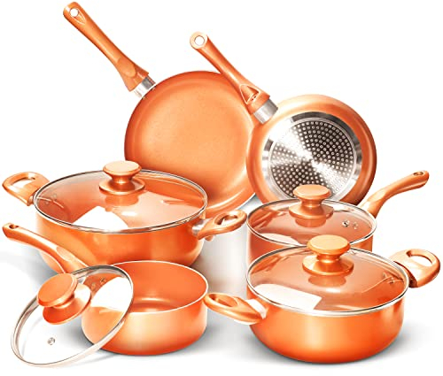 FRUITEAM 10pcs Cookware Set Ceramic Nonstick Soup Pot/Milk Pot/Frying Pans Set | Copper Aluminum Pan with Lid, Induction Gas Compatible, 1 Year Warranty Mothers Day Gifts for Wife