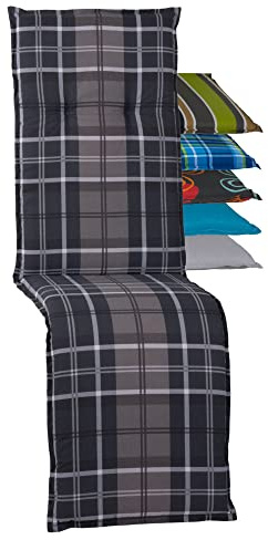 Beo Relaxsessel Auflage UV-beständig Barcelona Made in EU nach Öko-Tex Standard Waschbare Relaxstuhl Gummi-Halteband Atmungsaktive Liegestuhl Auflage Grau Anthrazit Kariert M215 1 Stück (1er Pack)
