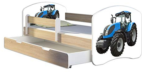 ACMA Kinderbett 180x80 Jugendbett mit Einer Schublade und Matratze, Farbe Sonoma mit Rausfallschutz Lattenrost II Spielbett Kinderzimmer Möbel, 42 Traktor