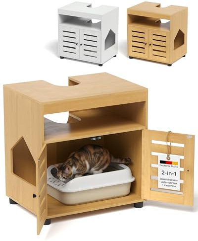 EASECAT Katzenschrank für Katzenklo – Stilvoller Waschbeckenunterschrank/Katzenmöbel mit flexiblem Einstieg (Links/rechts) – Versteckt Katzentoilette, Katzenhaus – Braun, 60 × 44 × 60 cm (Braun)