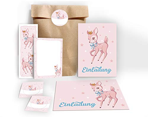 JuNa-Experten 8 Einladungskarten zum Kindergeburtstag Mädchen Bambi incl. 8 Umschläge, 8 Tüten/natur, 8 Aufkleber, 8 Lesezeichen, 8 Blöcke