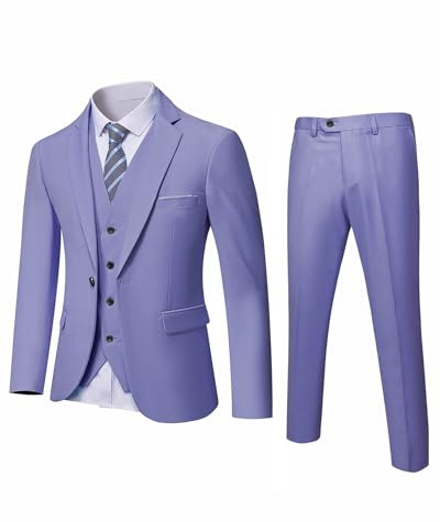 YND - Conjunto de traje de 3 piezas para hombre, ajustado, con un botón, chaqueta, chaleco, pantalones y corbata, Morado (, S