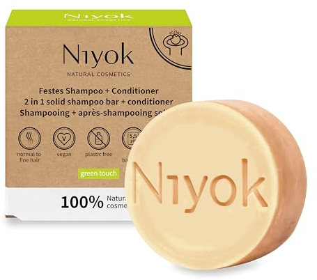Niyok Shampoo solido 2 in 1 + balsamo Green Touch (80 g) • Sapone vegano • Shampoo e balsamo sostenibili • Shampoo e balsamo per capelli • 100% cosmetici naturali • Senza plastica e vegano