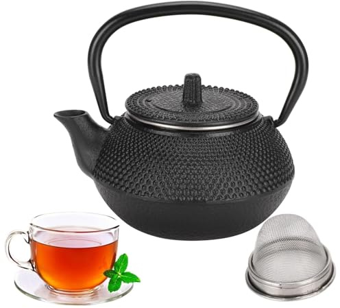 Agatige Stovetop Cast Iron Teapot with Removable Infuser, 300ml Black Japanese Tetsubin Tea Kettle Loose Leaf Enameled Interior Tea Pot with Stainless Steel Infuser for Home Use