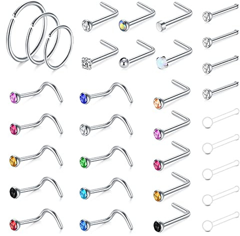 Icaton 20G Nose Studs Rings Surgical Steel CZ Screw L Shaped Nose Piercing Jewellery for Women Men 33Pcs