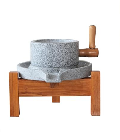 Stone milled,stone mill grinder for flour,stone mill wheat, grinding wet soybean milk, wheat flour, grain,peppers,spices (7.87inx11.8in), Black,with wooden frame