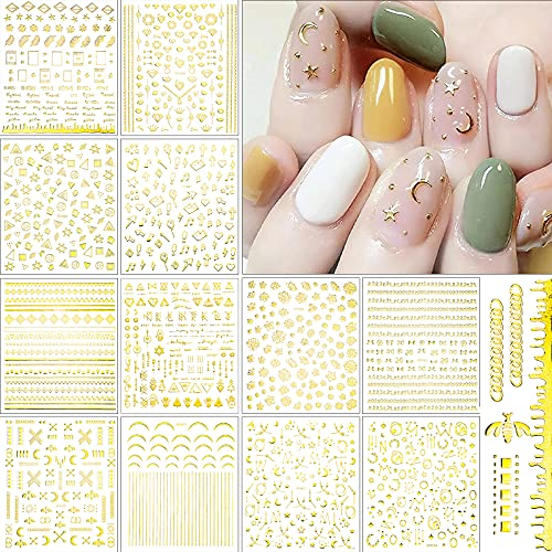 VETPW 12 Blatt 3D Gold Nagelsticker, Metallic Nagelaufkleber Selbstklebend Nagelfolie für DIY Dekoration, Nail Art Striping Tape Line Nagel Aufkleber Abziehbilder Maniküre