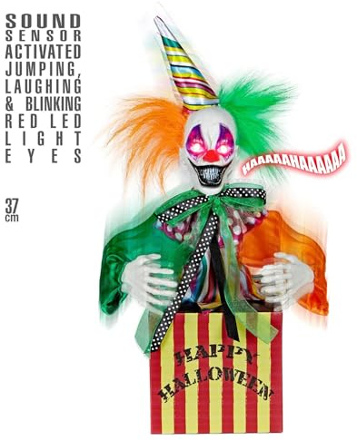 W WIDMANN MILANO Party Fashion - Springender Clown in Kiste | Halloween Deko 37 cm mit roten LED-Augen, Zirkusmusik, Tonsensor und Lachfunktion