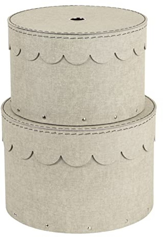 Bigso Box of Sweden Juego de 2 cajas redondas con tapa – Cajas organizadoras para ropa, juguetes, etc. – Cajas de almacenaje decorativas de tablero de fibras y papel con aspecto de lino – beige