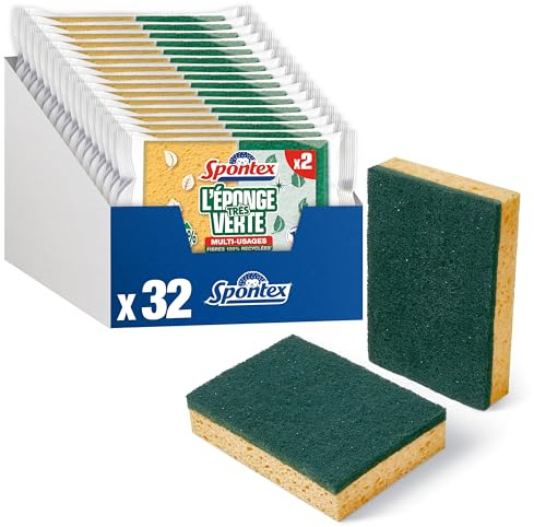 Spontex - sehr grüne Schwämme - 2 Schwämme aus recycelten Fasern - Effizient auf Mehreren Oberflächen, 19600443, Grün/Gelb, 17 x 2.5 x 9.8
