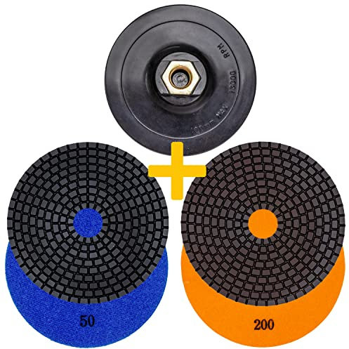 EDW Profi Diamant-Schleifpad-Set NASS 125 mm Körnung 50 + 200 Klett-Aufnahmeteller M14 für Naturstein Kunststein Granit Marmor Glas Keramik oder Fliesen