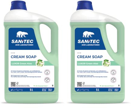 SANITEC igiene sicura Luxor Green Aloe, Crema Sapone Profumata Idratante con Glicerina e Antibatterico, Deterge le Mani Lasciandole Fresche e Pulite,pH 5,5, Dermatologicamente Testato,2 Confezioni 5 L