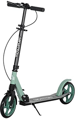 HOMCOM Patinete Plegable para Adultos y Niños de +14 Años Scooter Ligero con Manillar Ajustable Grandes Ruedas Ø200 mm Amortiguador y Freno Aluminio Carga 100 kg 91,5x36,5x91-104 cm Verde