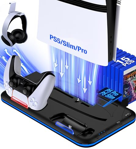 RGB-Kühlständer mit Lüfter und Dual-Controller-Ladestation für Playstation 5, verbessertes Zubehör Kühlstation für PS5 Konsole Disc & Digital Edition, Headset-Halter/6 Spielsteckplätze/Schraube