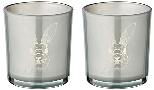 EDZARD 2er Set Teelichtglas Windlicht Hase, Höhe 8 cm, Durchmesser 7 cm, Deko für Ostern (2 Stück grau)