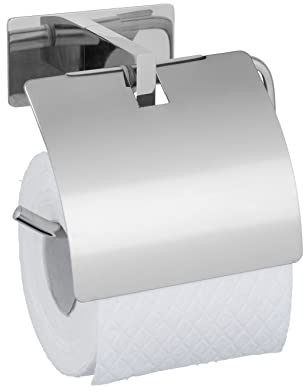 WENKO Turbo-Loc Toilettenpapierhalter Genova Shine mit Deckel, Wandhalter für Toilettenpapier-Rolle, Befestigen ohne Bohren mit Klebepad-System, Halter aus Edelstahl, 14 x 11,4 x 6,2 cm, Glänzend