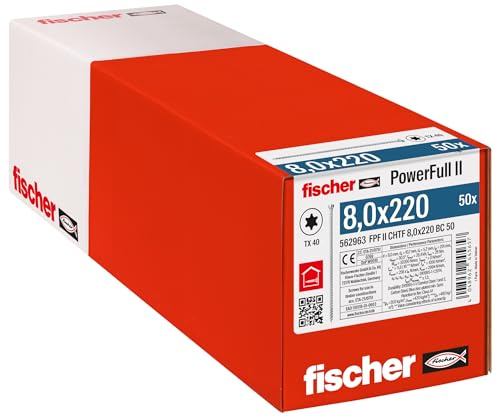 fischer - Vis de Renfort Powerfull FPF II CHTF 8,0x220 revêtement zingué, Filetage Total, tête cylindrique avec Empreinte Torx/Boîte de 50
