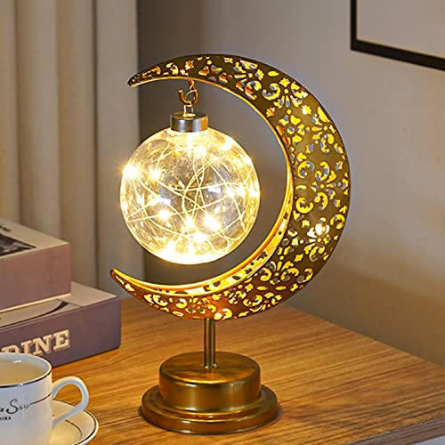BomKra Moon Table Lamp Ramadan Crescent Lamp Ramadan Decorations Half Moon Light Battery Operated Metal Ramadan Star Lamp Lunar Lamps Eid Decorations Bedside Moons Lamps for Home Bedroom