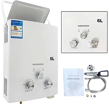 ECUTEE LPG Propangas Warmwasserbereiter Durchlauferhitzer Gas 6L 12KW, Tragbarer Tankloser Kesselbrenner mit Duschkopf-Kit für Kleine Häuser Segelbootkabinen für Wohnmobile Camping, White