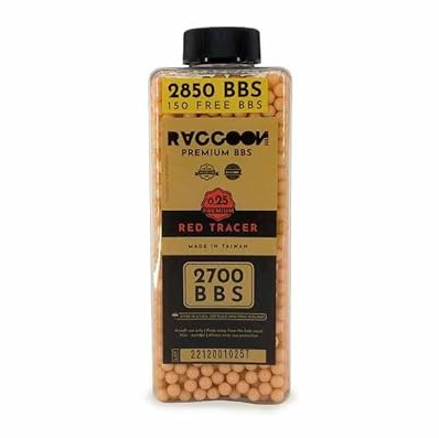 Bote de 3000 Bolas trazadoras 0,25 Rojas Raccoon para Airsoft, se iluminan en la Oscuridad con un silenciador trazador