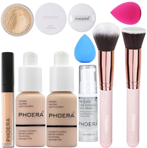 PHOERA Foundation,PHOERA Primer, PHOERA Puder,PHOERA Abdeckstift Concealer Cover Flüssigmatt Full Coverage, Make Up Foundation Pinsel and Puder Pinsel, Make up Schwamm (101+102/Porcelain+ Nude)