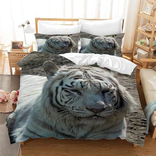 MAQUE Weiß BettwäSche 135x200 Tiger 3D-gemustertes Mikrofaser Bettwäsche-Sets, Weich Bettbezug mit Reißverschluss und 2 Kissenbezüge 80 x 80cm