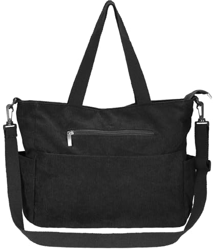 Fentar Damen Cord Tasche, Mode Tote Bag, Groß mit mehreren Fächern und Reißverschluss, Schwarz, 42 cm (L) x 13 cm (W) x 32 cm (H)