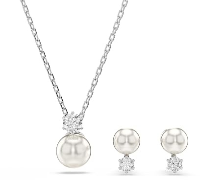 Swarovski Matrix Set, Weiße, Rhodinierte Halskette und Ohrringe mit Kristallperle und Strahlenden Kristallen im Rundschliff