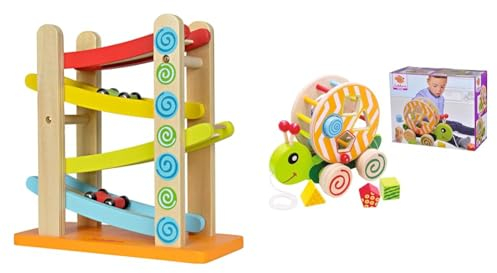 Eichhorn 100002220 - Autorennbahn, 4-TLG., 3X Fahrzeuge, 25x24 cm, Birkenholz Bunt & 100002231 NachziehStecktier, mit 4 versch. Steckbausteinen