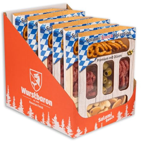 Snack Selection Premium Olive 6er Set, Snackbox mit Salami, Salzgebäck, Gebäckherzen und Oliven, 6 x 80g Snacks