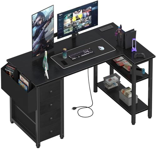 Lufeiya Escritorio para juegos en forma de L con toma de corriente, escritorio esquinero reversible de 47 pulgadas con cajones y estantes de almacenamiento para oficina en casa, dormitorio