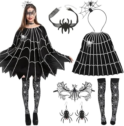 Halloween Kostüm Spinne, 6 Stück Kostüm Spinne Damen, Spinnenkostüm für Erwachsene mit Poncho, Maske, Haarreifen, Strümpfe, Halsketten, Ohrringe für Lustige Halloween, karneval Deko für Erwachsene