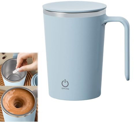 Inscrip Taza de café con agitación automática, 400 ml, recargable, de acero inoxidable, con tapa, para café, té, leche, cacao (azul)